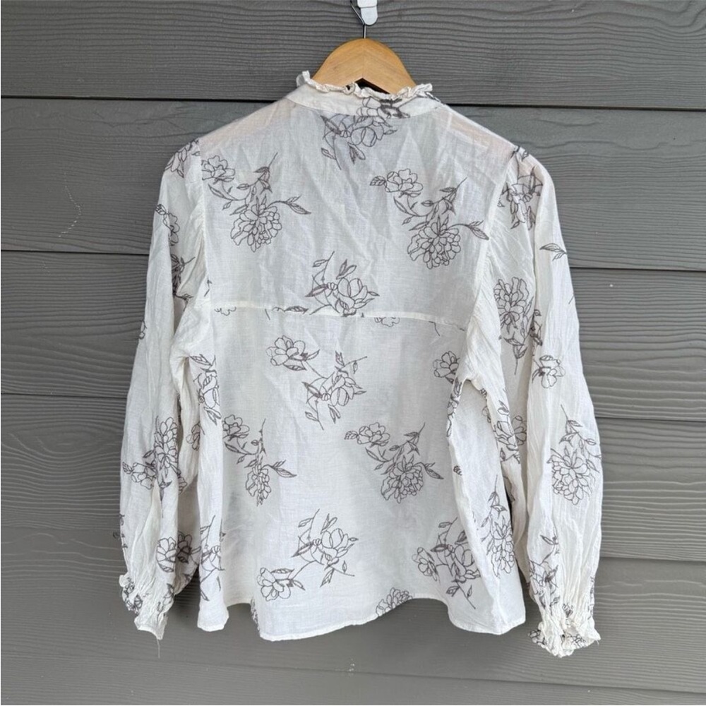 Zara cream floral puff long sleeve ruffle loose button front blouse top - Picture 3 of 3